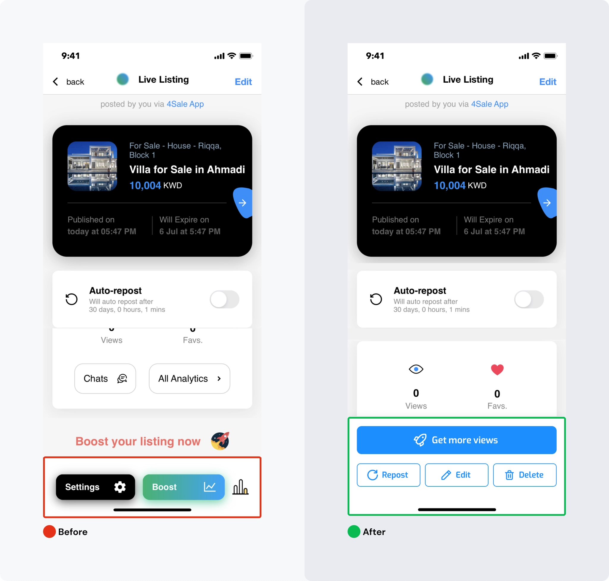 Seller ad details — Before & After comparison
